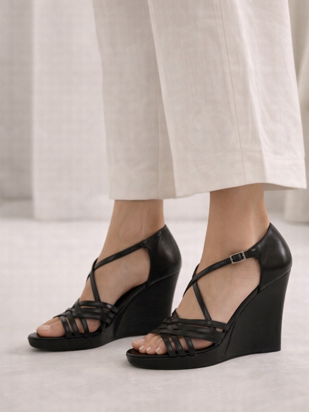 Style & Co Chrissy Black Leather Wedge Sandals 7.5M Strappy Heels New In Box